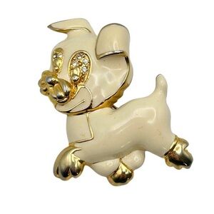 Vintage 1960s White Enamel Playful Puppy Dog Gold Tone Rhinestone Brooch
